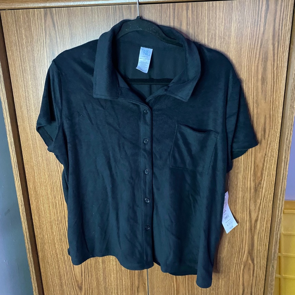 Time and Tru Terry Cloth Shirt Womens Large 12-14 Black Button Down Short Sleeve